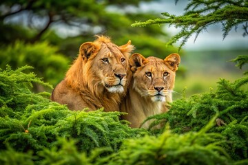 Naklejka premium Majestic Lions Mating in the Serengeti's Lush Green Bush