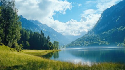 Majestic lake surrounded by mountains and lush greenery under a bright blue sky in a serene natural setting. Generative AI