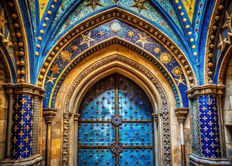 Obraz premium Majestic Medieval Doorway with Azure Adornments and Stellar Ceiling