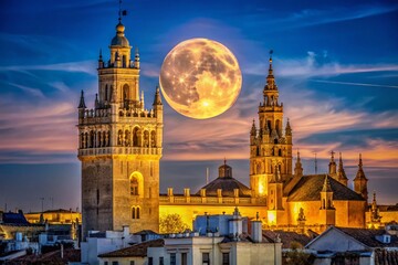 Fototapeta premium Majestic Moonrise Behind Seville's Giralda Tower - Low Light Night Photography