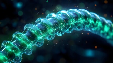 A long green and blue glass tube with a spiral shape