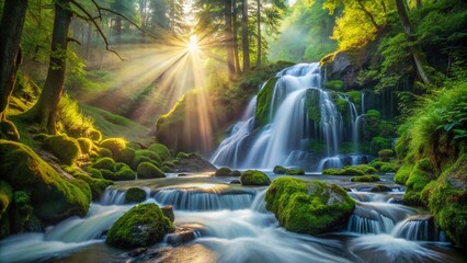 Fototapeta premium Majestic Mountain Waterfall in Lush Forest - Glacial Water Cascading over Rocks