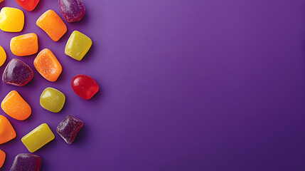 Sweet Treats on Purple: A vibrant array of colorful candies, including red, orange, yellow, and purple, are arranged on a purple background.