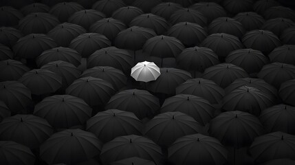 Set of Black Umbrellas with a White One in the Middle, Abstract Image, Texture, Pattern Background, Wallpaper, Cover and Screen of Smartphone, PC, Laptop, 9:16 and 16:9 Format