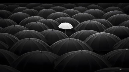 Set of Black Umbrellas with a White One in the Middle, Abstract Image, Texture, Pattern Background, Wallpaper, Cover and Screen of Smartphone, PC, Laptop, 9:16 and 16:9 Format