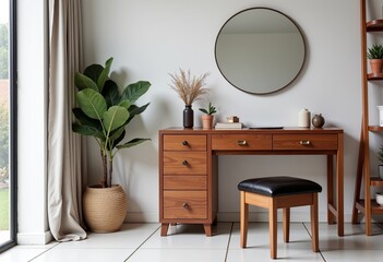 Obraz premium American Retro Dressing Table: Minimalist Walnut Design, Nordic Style, Round Mirror, Black Leather Stool, High-End Texture, White Tile Floor, Natural Light, Interior Decor, Product Photography. 
