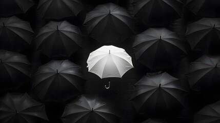 Set of Black Umbrellas with a White One in the Middle, Abstract Image, Texture, Pattern Background, Wallpaper, Cover and Screen of Smartphone, PC, Laptop, 9:16 and 16:9 Format