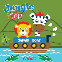 Cartoon lion and zebra on a safari boat surrounded by crocodiles in jungle setting. Children's adventure concept

