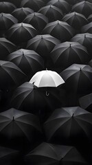 Set of Black Umbrellas with a White One in the Middle, Abstract Image, Texture, Pattern Background, Wallpaper, Cover and Screen of Smartphone, PC, Laptop, 9:16 and 16:9 Format