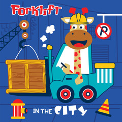Cartoon giraffe operating a forklift with a wooden crate and city elements. Children's construction and logistics concept
