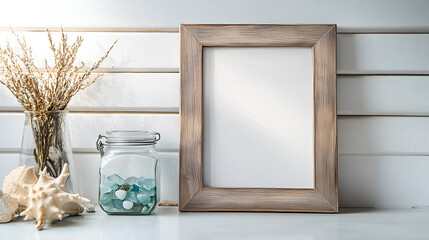Blank Picture Frame Mockup: A rustic wooden frame with a blank canvas rests on a table adorned with beach-inspired décor, creating a serene coastal aesthetic.