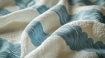 Elegant Off White Fabric With Teal Wave Design