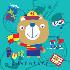 Cartoon bear in sailor outfit holding flag with boat and island theme. Children's adventure concept
