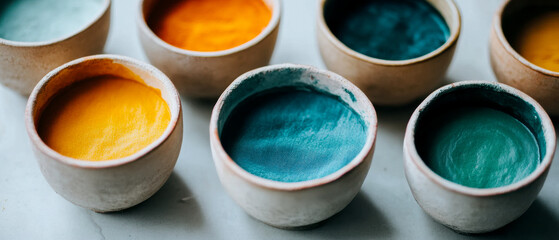 Vibrant bowls of paint in various colors arranged aesthetically on a surface, showcasing artistic materials for creativity.