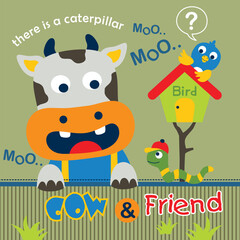 Cartoon cow with a bird and caterpillar in colorful playful design. Children's animal story concept
