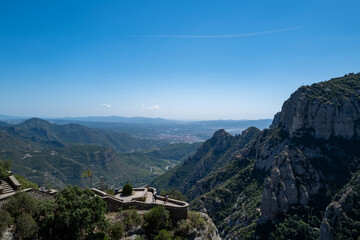 Spectacular Montserrat mountain range in Spain viewed from a scenic viewpoint, showcasing its...