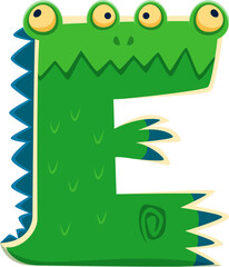 Halloween font letter E scary monster character. Crazy fantasy creature ABC typeset element, spooky alien animal vector font letter or silly horror crocodile monster personage English alphabet symbol