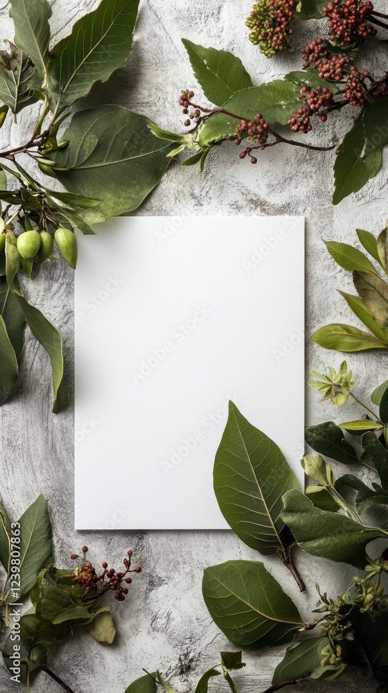 Poster Greenery surrounds blank canvas on textured surface for creative inspiration and nature themed projects. Generative AI