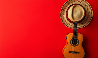 Sombrero and Guitar on Red Background, A Colorful and Vibrant Representation of Mexican Culture