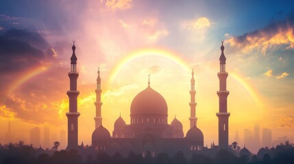 Majestic mosque silhouette at sunset with rainbow.
