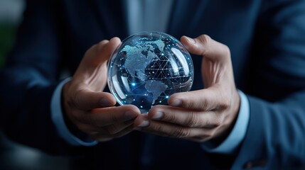 A person holds a transparent globe showcasing a digital world map with network connections.