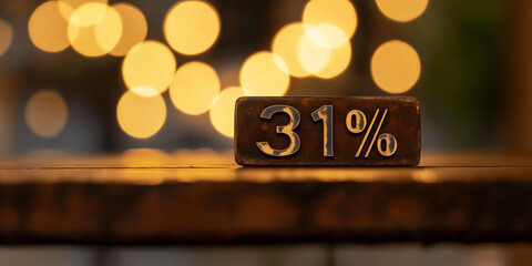 31% off on metal plate on table, blurred background, with yellow bokeh lights. Percentage of intrigue or discount
