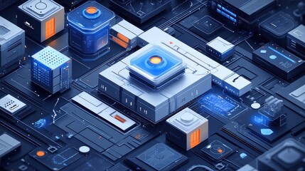 Obraz premium Abstract digital technology illustration with glowing blue and orange components on a dark background.