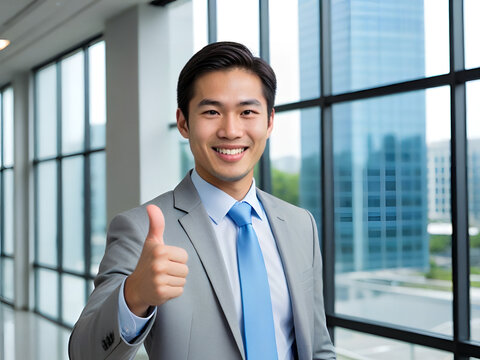 Confident young businessman giving thumbs up with city view in background