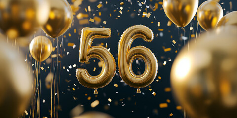 Gold balloons in the shape of 56 surrounded by more confetti balloons and a black background. Decorations for birthdays or anniversaries
