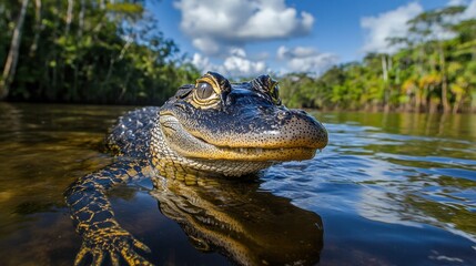 Fototapeta premium Close-up of a young alligator in a river. Perfect for wildlife, nature, and reptile documentaries.