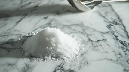 A heap of fine white sugar on a marble countertop, with a silver measuring scoop resting nearby, showcasing clean textures and details.