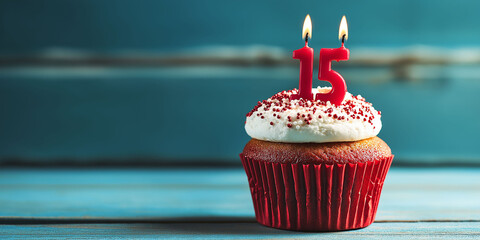 Cupcake to celebrate a 15th birthday or anniversary, with red candles
