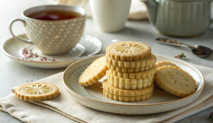 Stacked shortbread cookies with tea on a rustic table