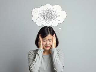 Stressed woman with tangled thoughts depicted in thought bubble above her head