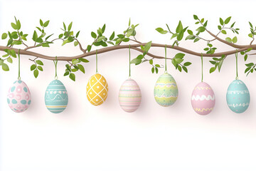 easter banner with decorated hanging easter colorful egg with leaf