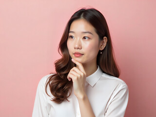 Thoughtful young Asian woman looking away on pink background with soft light
