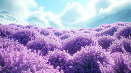 Serene lavender field nestled in a majestic mountain valley under a bright sky.