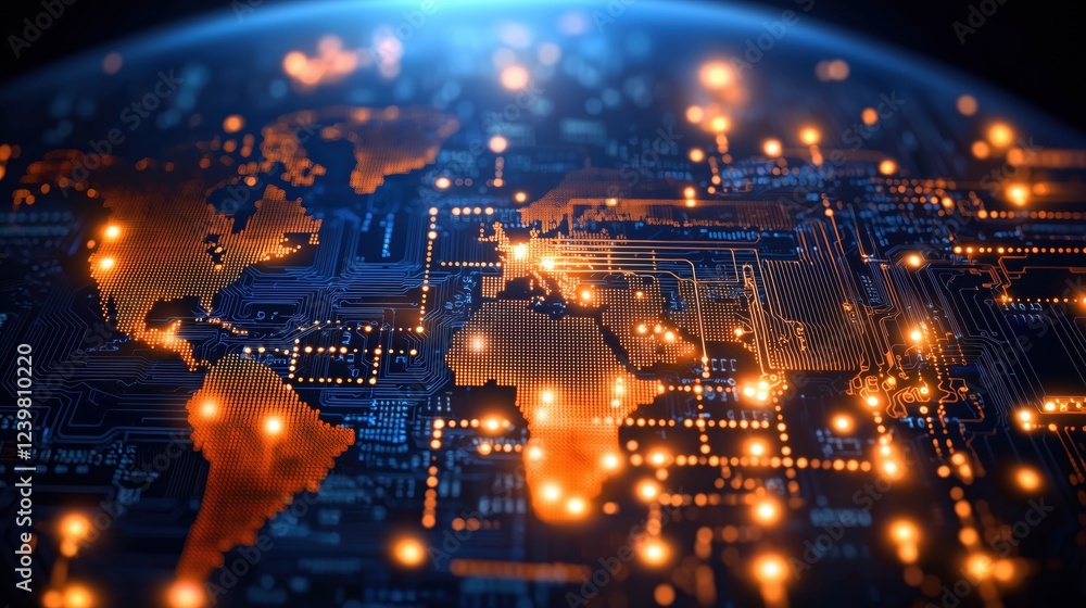 Poster global network of technology and connectivity illustrated with circuit patterns and world map in dig