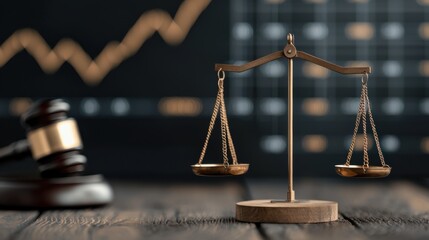 Justice scale and gavel balanced against a dark wooden backdrop with a market chart in the background representing the concepts of legal decision making financial investment and economic balance