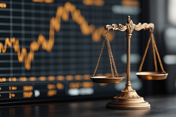 Justice scale gavel and trading screen displayed against a backdrop of financial data charts and graphs representing the concepts of legal decision making financial analysis and market trading