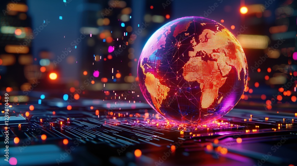 Poster vibrant digital globe representing global connectivity in a technological landscape with multicolore