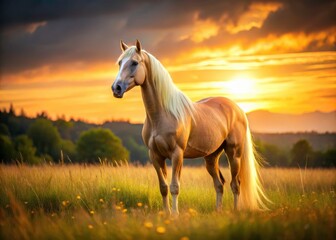 Sunset paints a palomino horse in peaceful grassland, a stunning equestrian photograph.