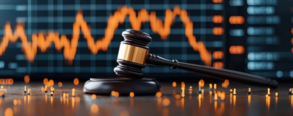 Judge s gavel placed next to a fluctuating market chart symbolizing the intersection of legal proceedings and financial analysis in investment decisions and market trends