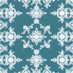 Intricate white floral pattern on teal background