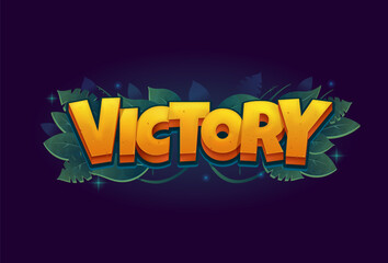 Game victory icon badge. Bright, bold yellow text with green jungle leaves and glowing sparks on a dark background. Cartoon vector celebratory banner conveys achievement, success, rewards and triumph