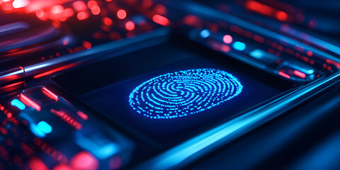 Obraz premium Futuristic fingerprint scanning technology with blue cyber glow, AI-powered biometric security system