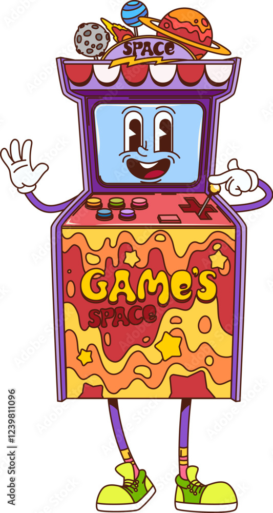 Poster retro groovy arcade video game machine character. isolated cartoon vector space arcade cabinet exude