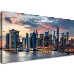 The panoramic view of Manhattan's illuminated skyline at dusk, featuring tall buildings and a white background, is a conceptual representation of New York City.