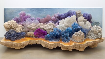 Colorful crystal formations on a wooden base against a painted sky backdrop.