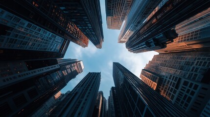 Pixelated Cityscape Low Angle View, Warm Sunset Tones